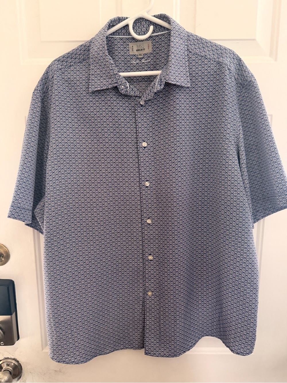 M&S Collection Men's Blue Patterned Short-Sleeve Button-Down Shirt